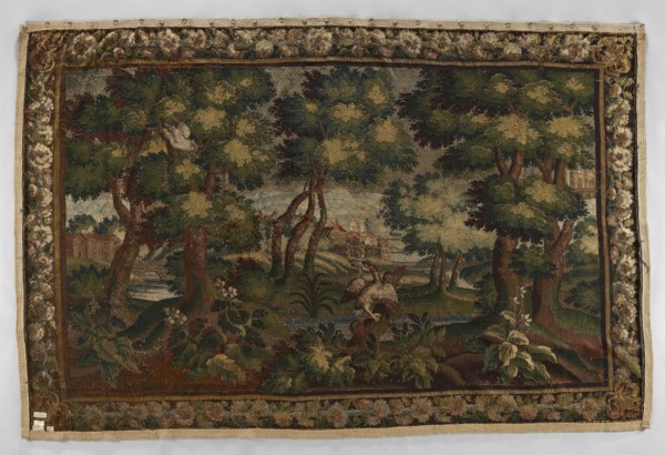 Tapestry — verdure. In the center, on the trunk of a broken tree, a duck sits among clumps of