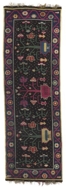 Kilim, In the center field are three bouquets—flower trees growing from low, wide vases. The outer
