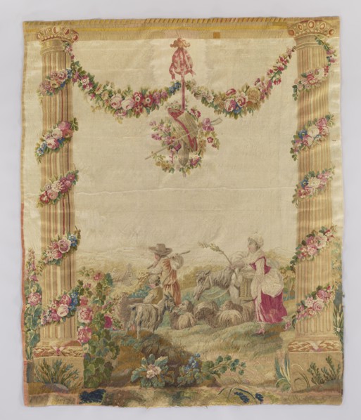 Figural tapestry: Pastoral scene with a shepherd, a shepherdess, and a boy. In the center, a man