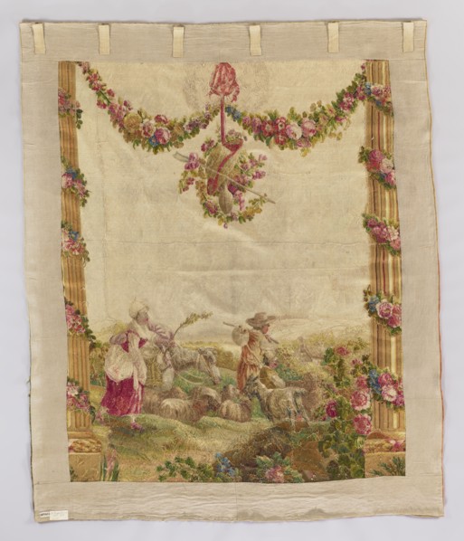 Figural tapestry, Pastoral scene with a shepherd, a shepherdess, and a boy. In the center of the