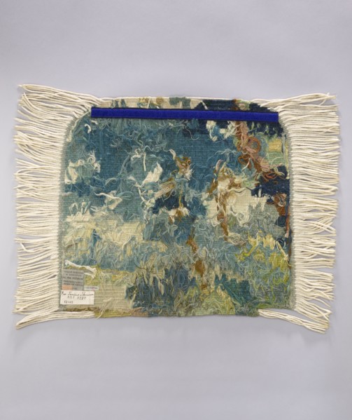 Tapestry chair cover, repossession provenance; motifs: leaves, trees, landscapes, castle buildings