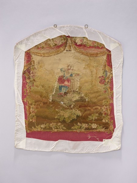Tapestry covering, creator unknown, provenance, depicts flowers, leaves, floral ornaments, girls,