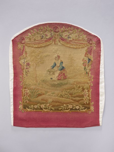 Tapestry covering, provenance, depicts flowers, floral ornaments, pastoral scenes, boys; fabrics