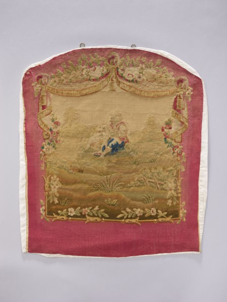 Tapestry covering, provenance, subject: flowers, floral ornaments, dogs, boys, pastoral scenes;