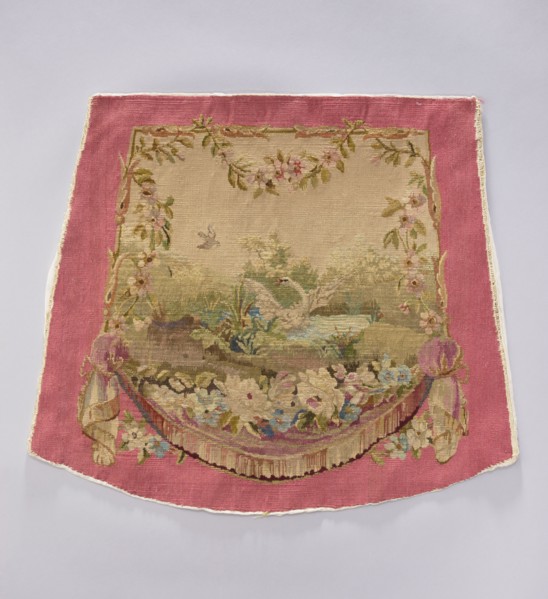 Tapestry covering, creator unknown, provenance, depicts flowers, leaves, floral ornaments, swans,