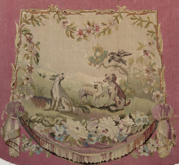 Tapestry armchair seat cover, Wool tapestry with figurative motifs: dogs, birds including a raven,