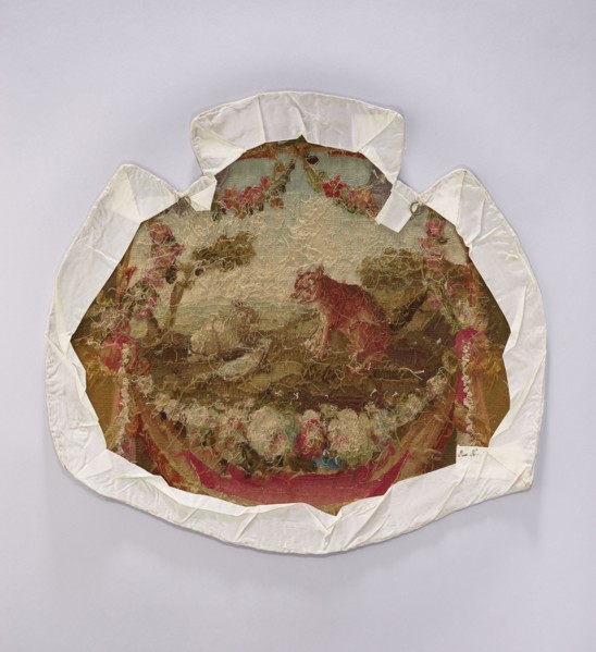 Tapestry armchair seat cover, unknown provenance. Design: flowers, floral ornaments, hares, foxes.
