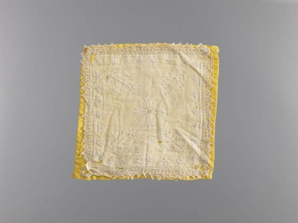 Pall, church paraments, provenance, white pall made of linen, embroidered with white cotton thread.