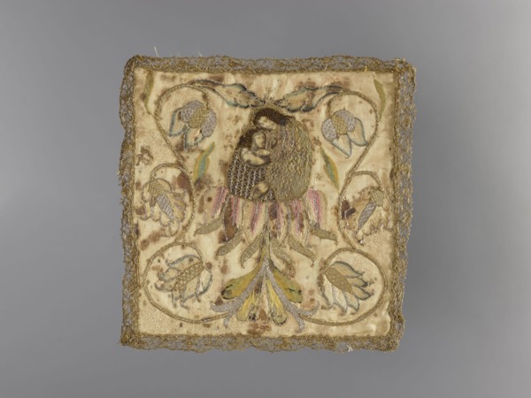 Embroidered pall, 18th century, Poland, liturgical vestment. Pall of cream-colored silk satin,
