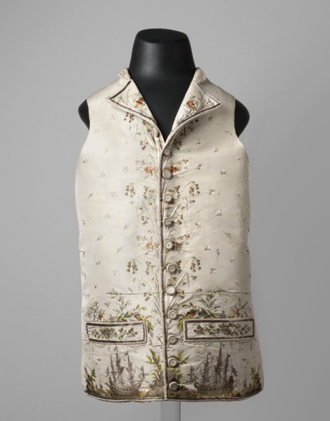 Vest, ships, seascapes, shells, plant ornaments, fashion, men's clothing. Vest made of cream silk