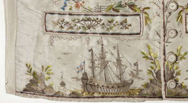 Vest, repossession provenance; subject motifs: ships, seascapes, shells, plant ornaments. Fashion:
