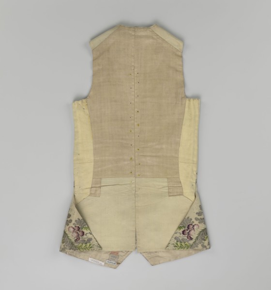 Vest, floral and plant ornaments, patterned brocaded silk fabric. Predominant ornamental colors: