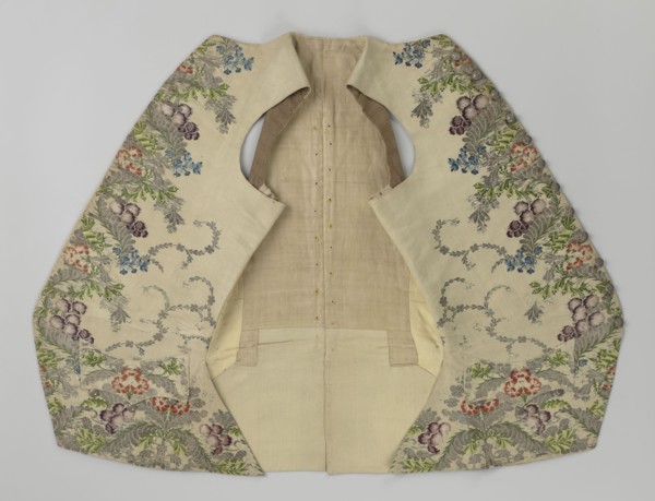 Vest, Repossession provenance. Floral and plant ornaments; patterned brocaded silk fabric,