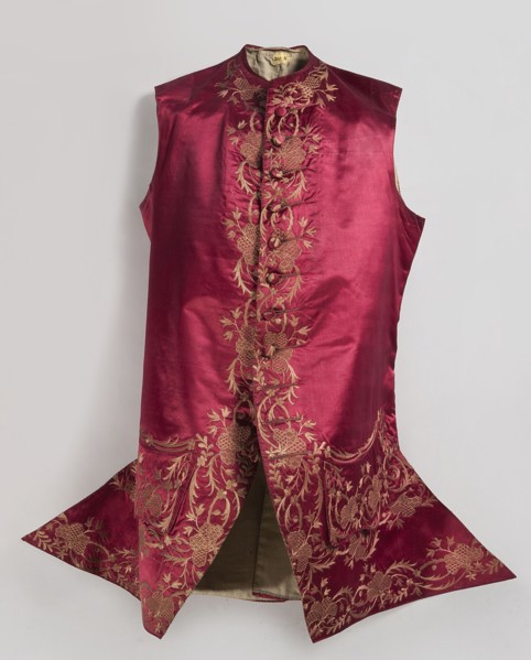 Men's vest made of cherry satin, embroidered. Straight cut, without sleeves or collar. Diagonal