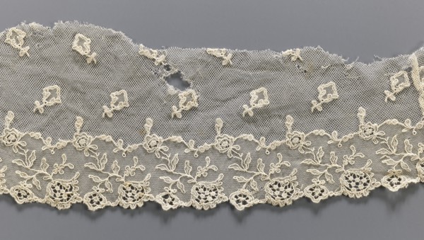 Lace fragment, lace, provenance unknown, plant ornaments, tulle embroidered with twig and floral