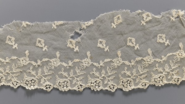 Lace fragment, lace, plant ornaments, tulle embroidered with twig and floral motifs around the