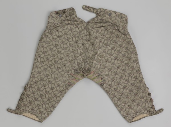 Short, knee-length men's trousers 1750–1775, Silesia. Sewn into a wide belt with a buttoned fly,