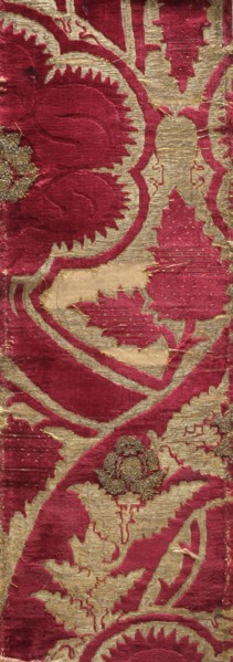 Fabric fragment, chiseled velvet with plant ornament, patterned fabrics. Rectangular fragment of