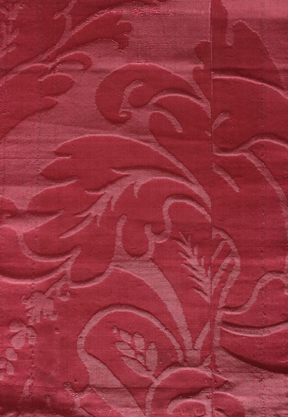 Fabric fragment, silk damask, patterned silk with floral motifs. Fragment of cherry damask with a