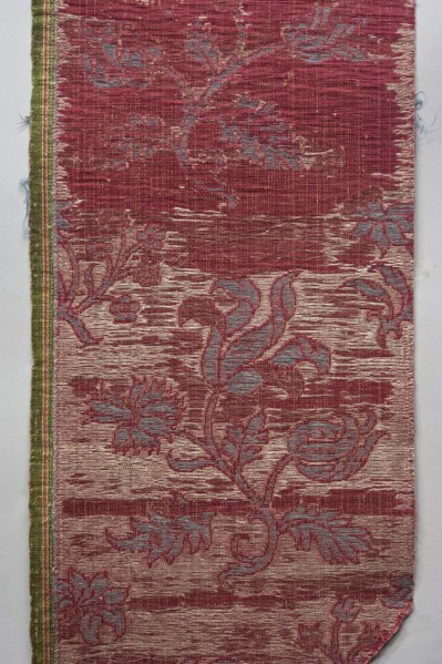 Fragment of fabric, fabrics, silks, fabric with preserved selvedge, patterned brocade, floral and
