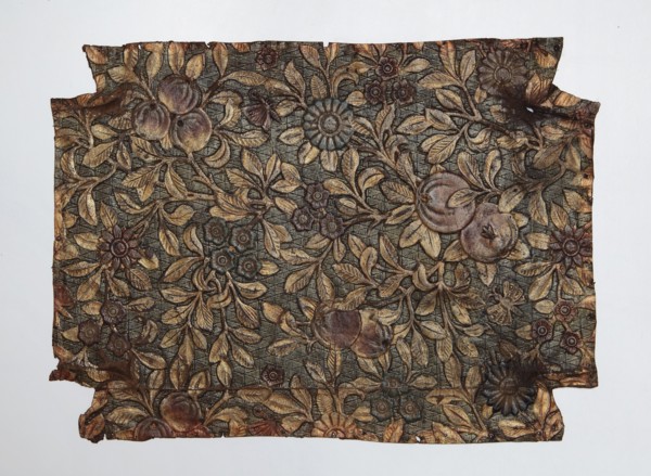 Fragment of cordovan leather, cordovan leather, flowers, fruit, butterflies, Scheele, Stanislaw fl.