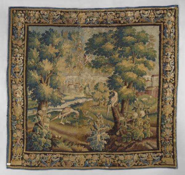 Tapestry-verdure, In the foreground, three flowering shrubs; behind them two birds, one perched on