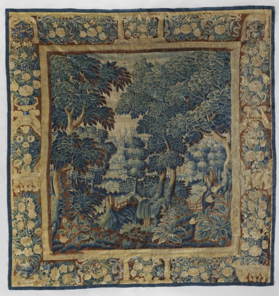 Tapestry-verdure, In the foreground are large trees and blooming shrubs and flowers; further on a