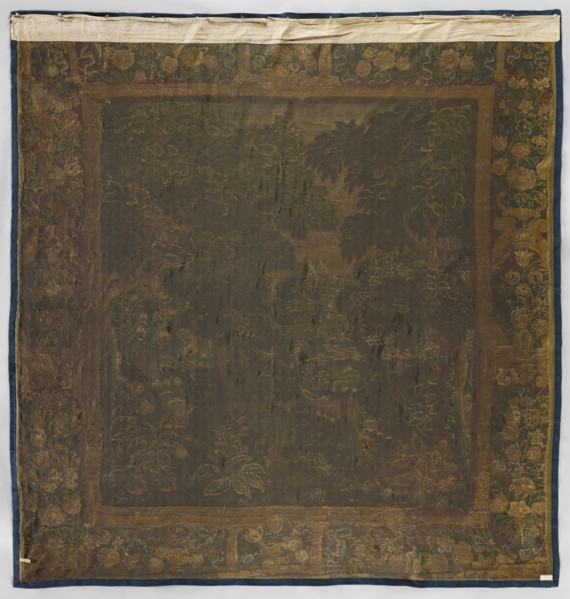 Tapestry-verdure, In the foreground are large trees and blooming shrubs and flowers; further on a