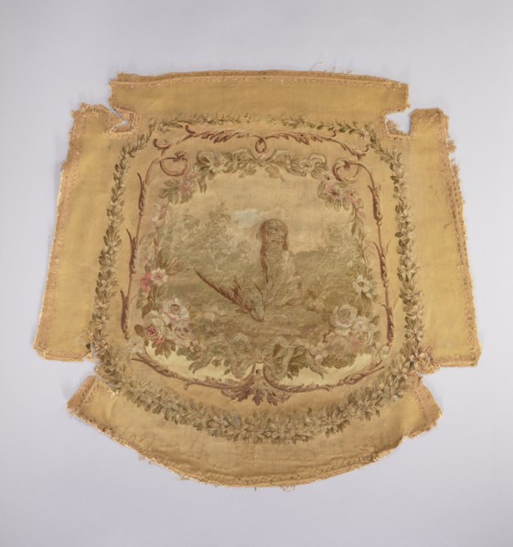 Tapestry hangings; Seat with a depiction of a dog sitting on grass, stage surrounded by a floral