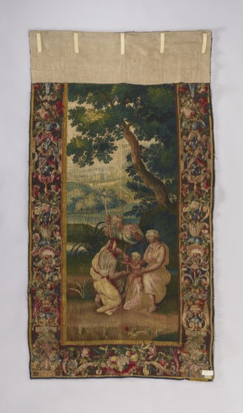 Figural tapestry, 18th century, Brussels. In the center of the landscape, little Dionysus kneels at