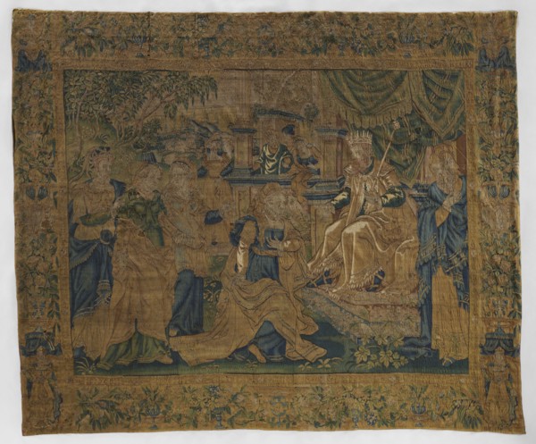 Figural tapestry; late 16th century, Flanders. On the right, a king wearing a crown and holding a