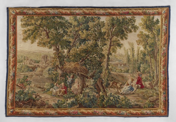 Figural tapestry, Chodecz Kuyavian-Pomeranian Voivodeship; flowers, floral ornaments, dogs,