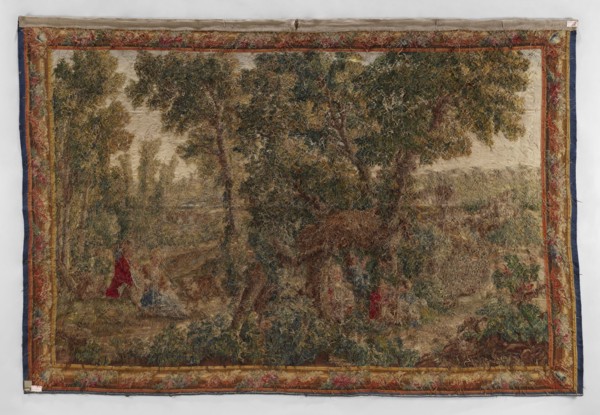 Figural tapestry, Chodecz Kuyavian-Pomeranian Voivodeship; flowers, floral ornaments, dogs,