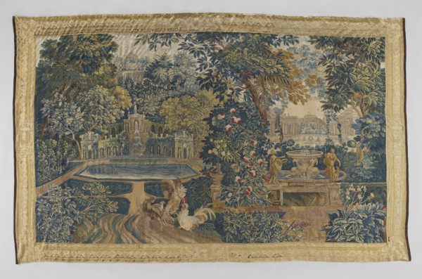 Tapestry — verdure. In the foreground, two fighting roosters. On the right, a fountain in the form