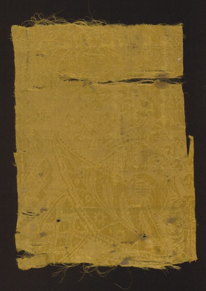 Fabric fragment, patterned silk damask, early 18th century, France. Fragment of yellow semi-silk