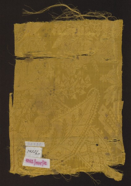 Fabric fragment, patterned silk damask, early 18th century, France. Yellow semi-silk damask with