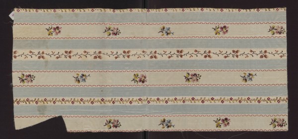 Fabric fragment, fragment of silk fabric with a pattern of alternating vertical stripes of blue and