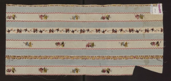 Fragment of silk fabric with a pattern of alternating vertical stripes of blue and cream; colorful