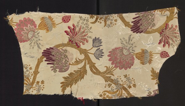 Fragment of upholstery fabric, silk and cotton brocade, cream grosgrain ground brocaded with