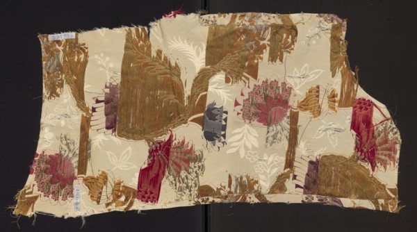 Fragment of upholstery fabric, silk and cotton brocade with cream grosgrain plain-weave background,