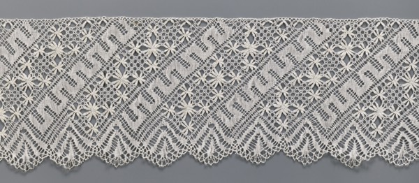 Lace fragment, bobbin lace; section of a strip. White, with a pattern of diagonal stripes with