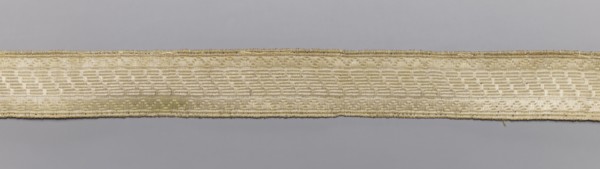 Gallon, galloons haberdashery, geometric ornaments, white warp, weft - wire - drawn thread. Faint
