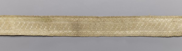 Gallon, galloons haberdashery, geometric ornaments, white warp, weft - wire - drawn thread. Faint