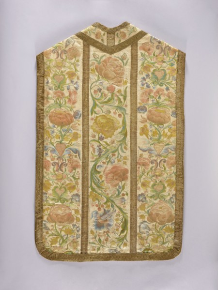 Chasuble, Liturgical vestment made of white silk satin, embroidered with colorful silk threads. The