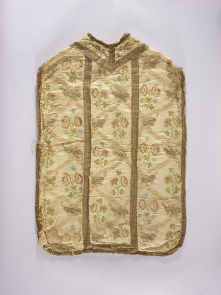Chasuble, liturgical vestment embroidered on white rep with pastel-colored silks and gold thread in