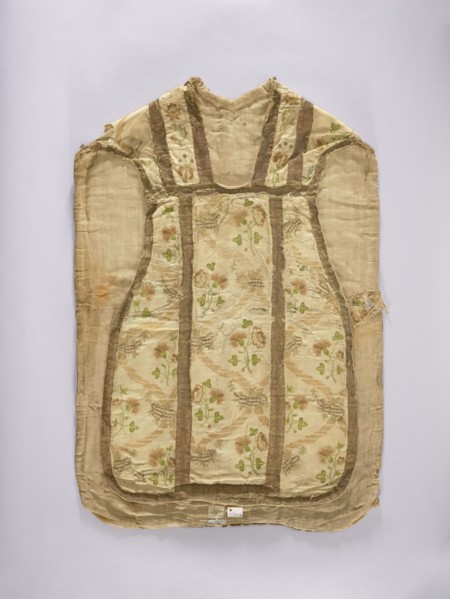 Chasuble, embroidered on white rep with pastel-colored silks and gold thread in patterns imitating