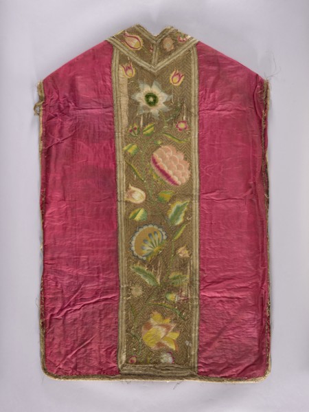 Chasuble, Liturgical vestment, 1797, Poland. The back features a column embroidered with colorful