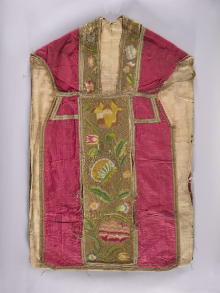 Chasuble, Liturgical vestment, 1797, Poland. Back features a column embroidered with colorful silks