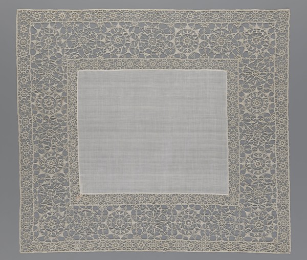 Doily, geometric ornaments; rosettes ornament; doilies; smooth center. Edge made of white linen