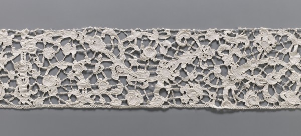 Lace fragment, needle lace, floral ornaments with a pattern of large, thick branches with stylized
